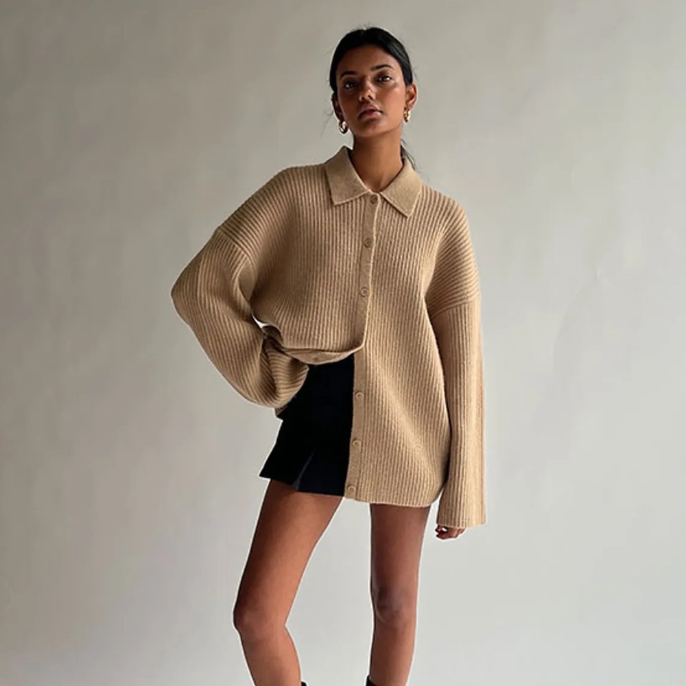 OAK + FORT Beige Ribbed Button-Up Cardigan
